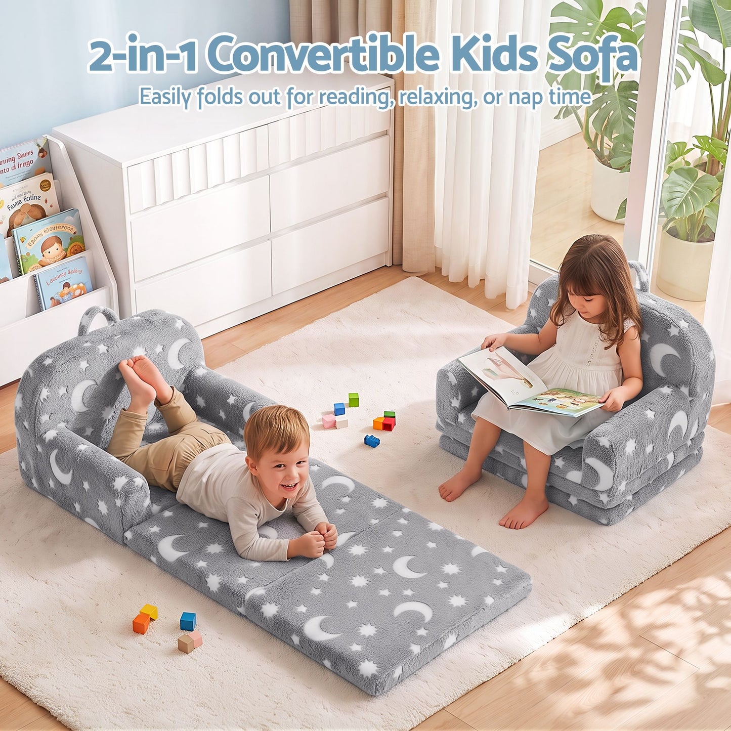 Keezi Kids 2 in 1 Glow in the Dark Fold out Sofa Bed Grey