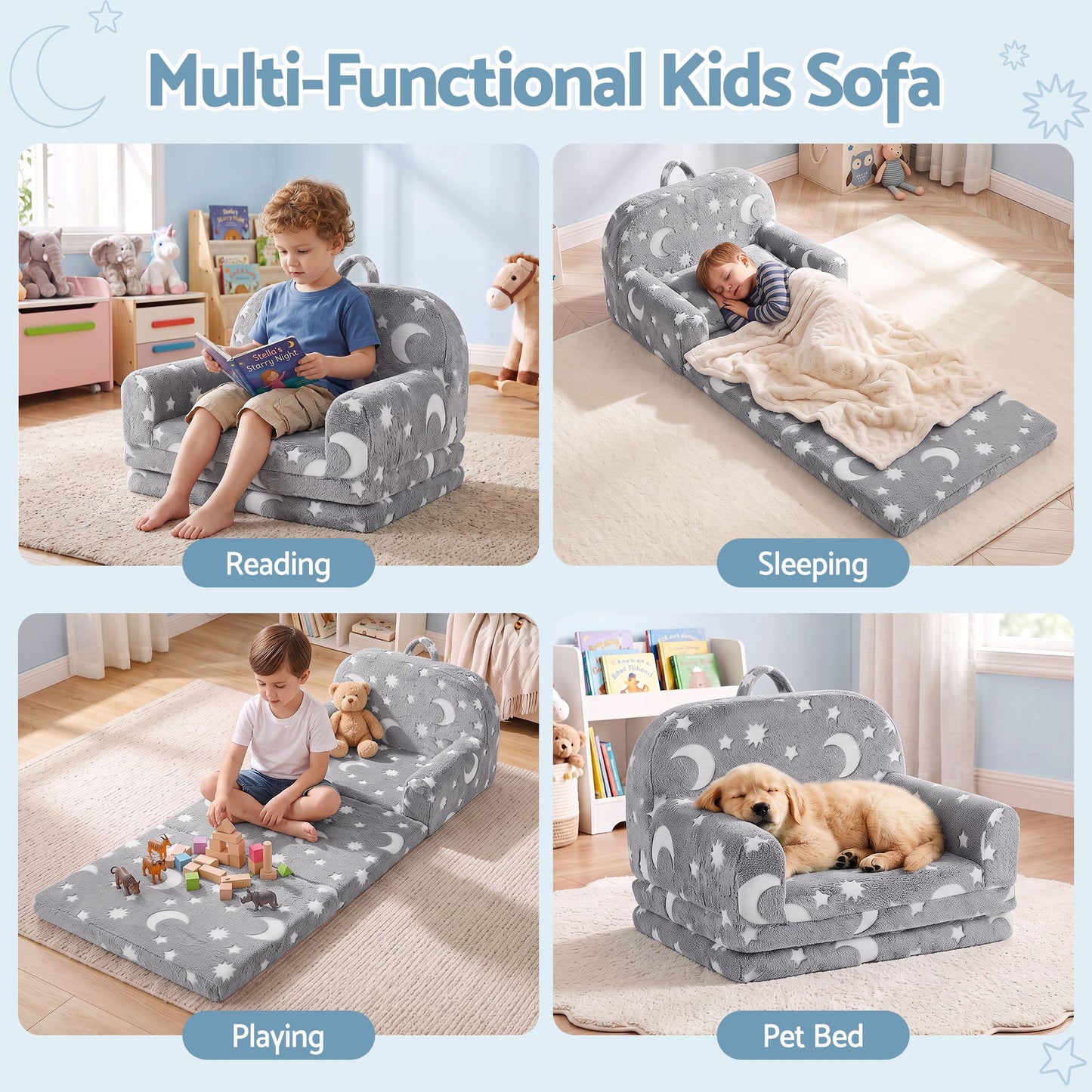 Keezi Kids 2 in 1 Glow in the Dark Fold out Sofa Bed Grey