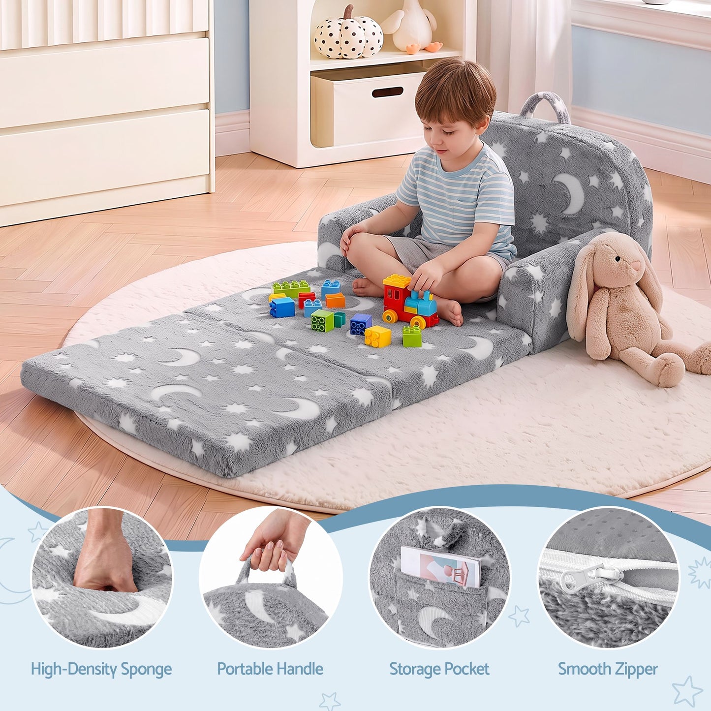 Keezi Kids 2 in 1 Glow in the Dark Fold out Sofa Bed Grey
