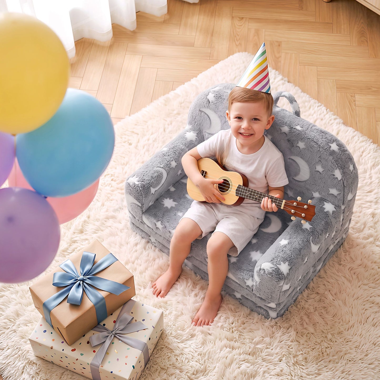 Keezi Kids 2 in 1 Glow in the Dark Fold out Sofa Bed Grey