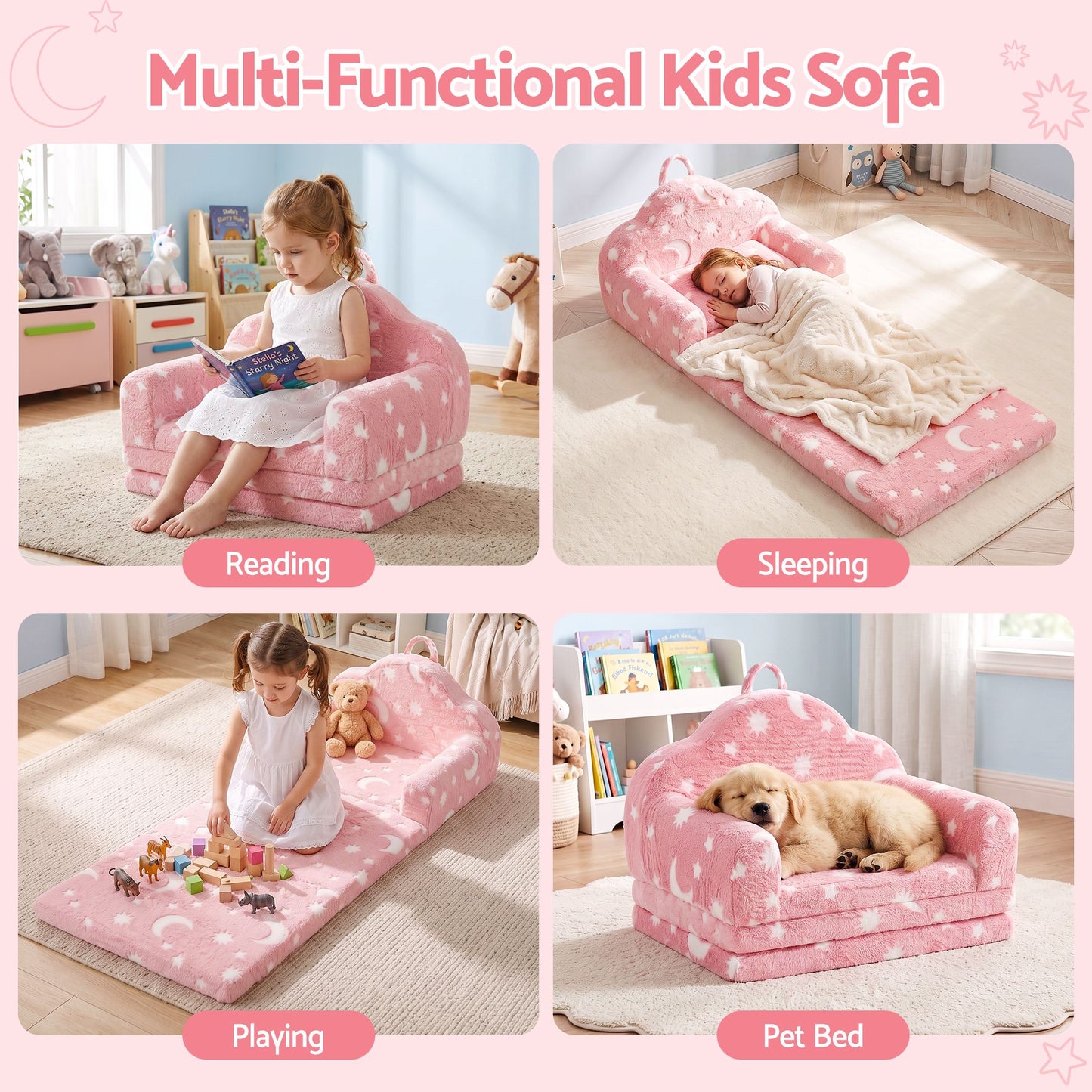 Keezi Kids 2 in 1 Glow in the Dark Fold out Sofa Bed Pink