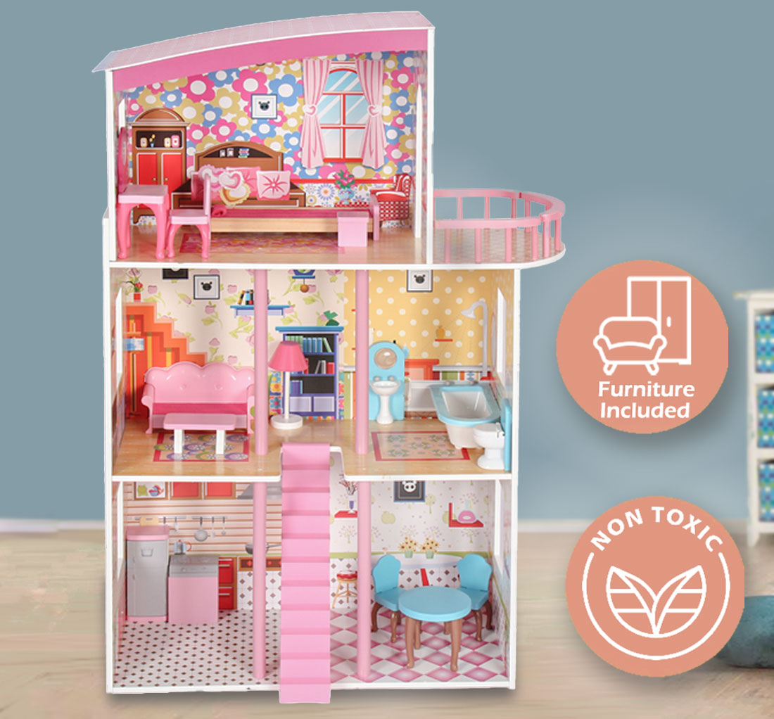 Wooden 3 Level Doll House Playset